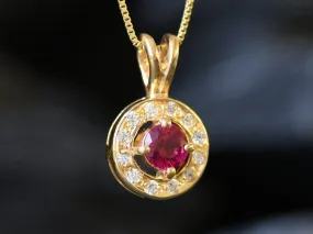 Gold Ruby Pendant - Halo Vintage Ruby Necklace, Round Dainty Red Pendant