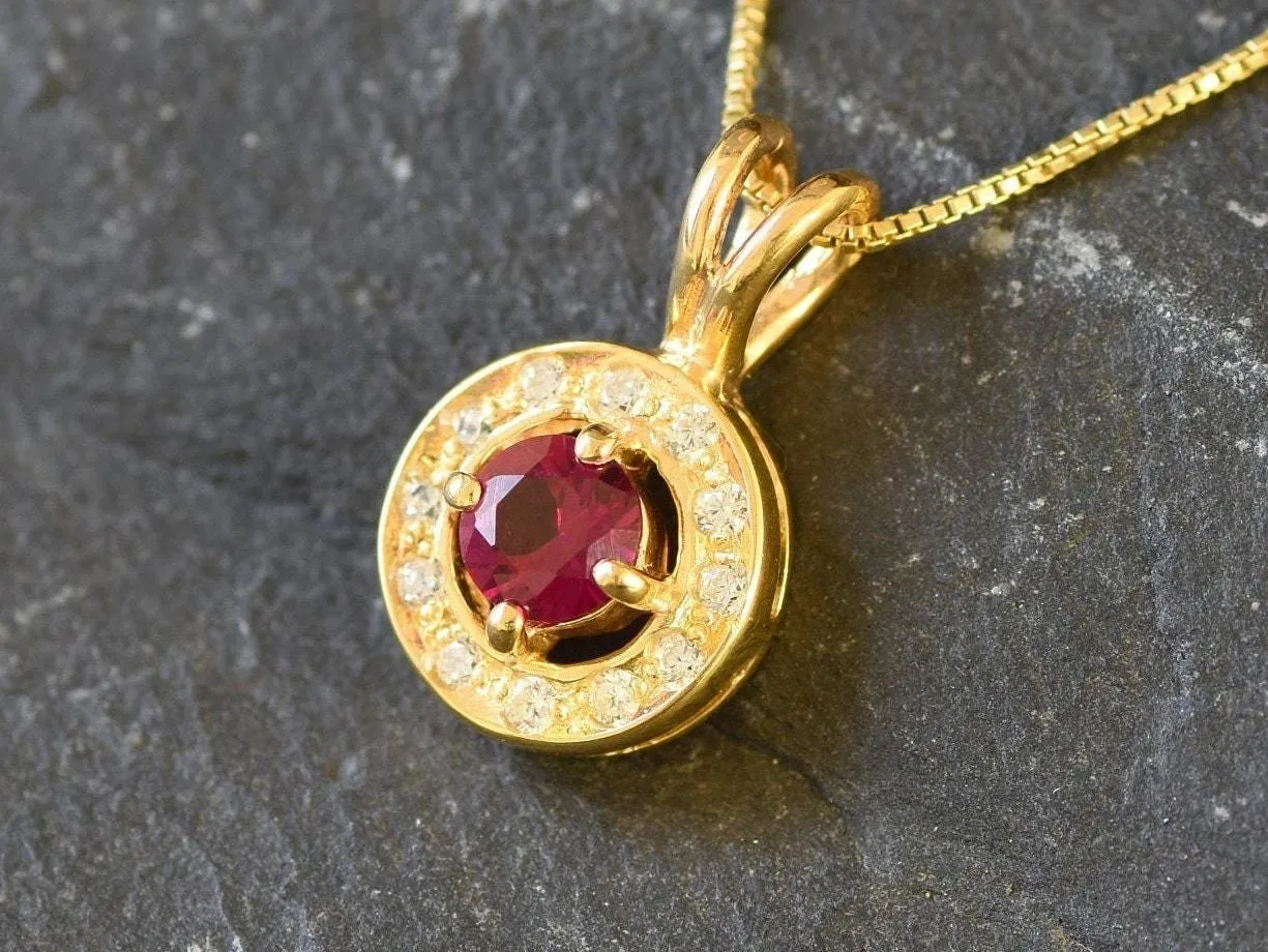 Gold Ruby Pendant - Halo Vintage Ruby Necklace, Round Dainty Red Pendant