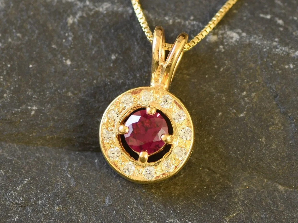 Gold Ruby Pendant - Halo Vintage Ruby Necklace, Round Dainty Red Pendant