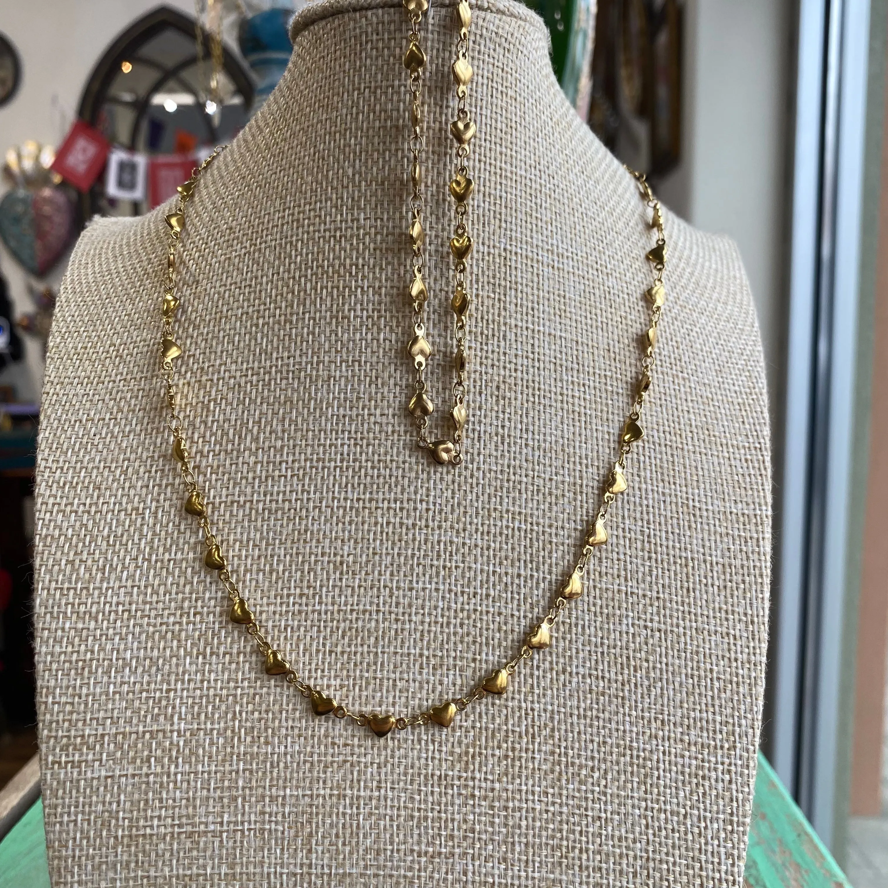 Gold Solid Linked Heart Chain Necklace & Bracelet