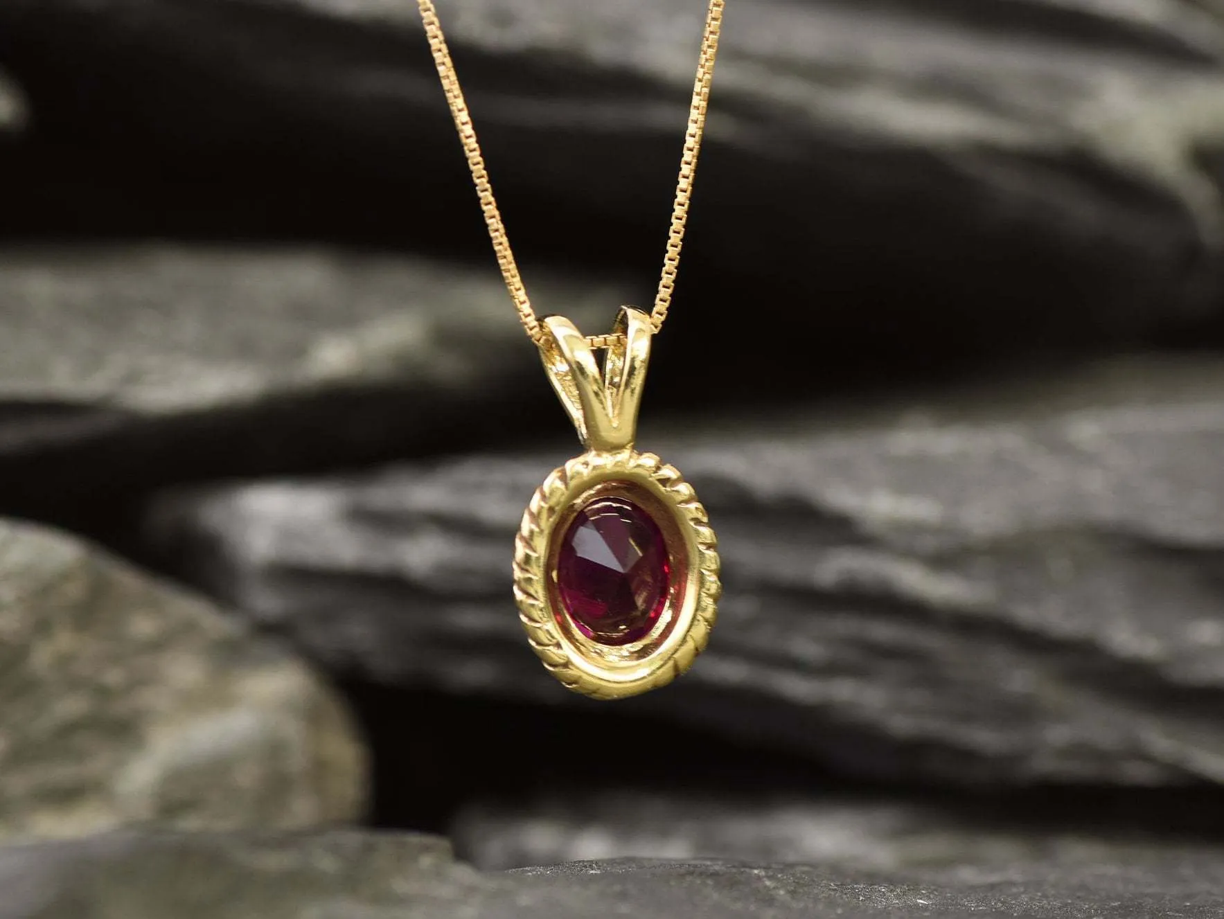 Gold Vintage Ruby Pendant - Created Ruby Necklace, Gold Victorian Pendant