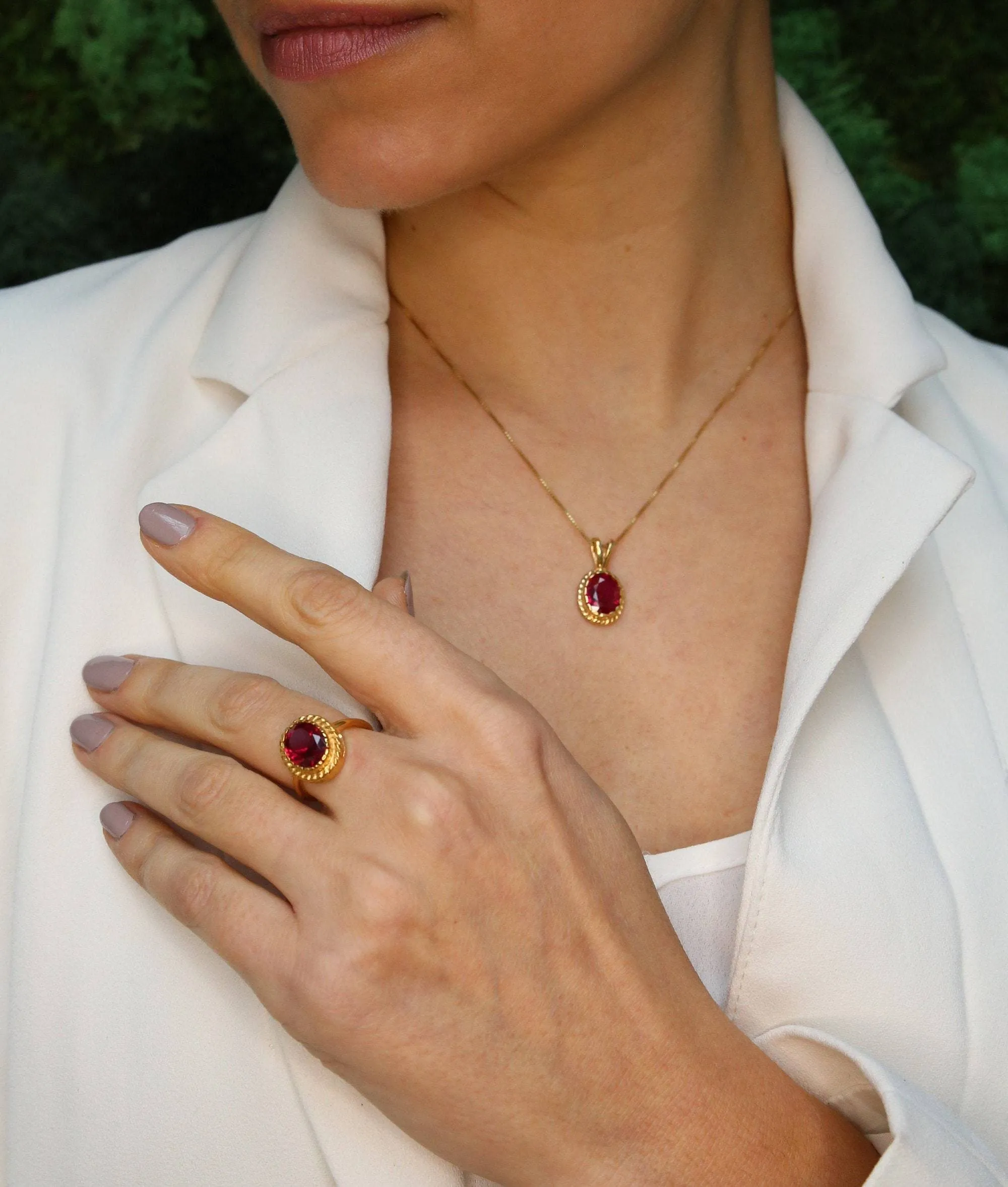 Gold Vintage Ruby Pendant - Created Ruby Necklace, Gold Victorian Pendant