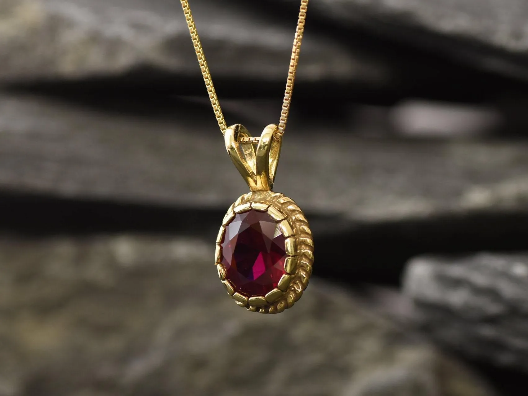 Gold Vintage Ruby Pendant - Created Ruby Necklace, Gold Victorian Pendant