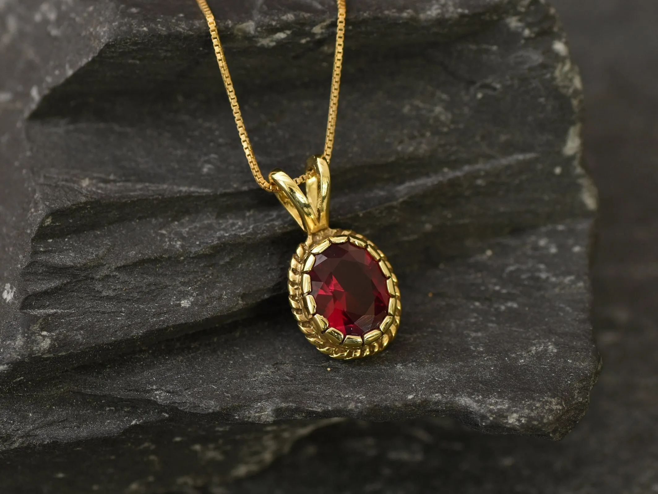 Gold Vintage Ruby Pendant - Created Ruby Necklace, Gold Victorian Pendant