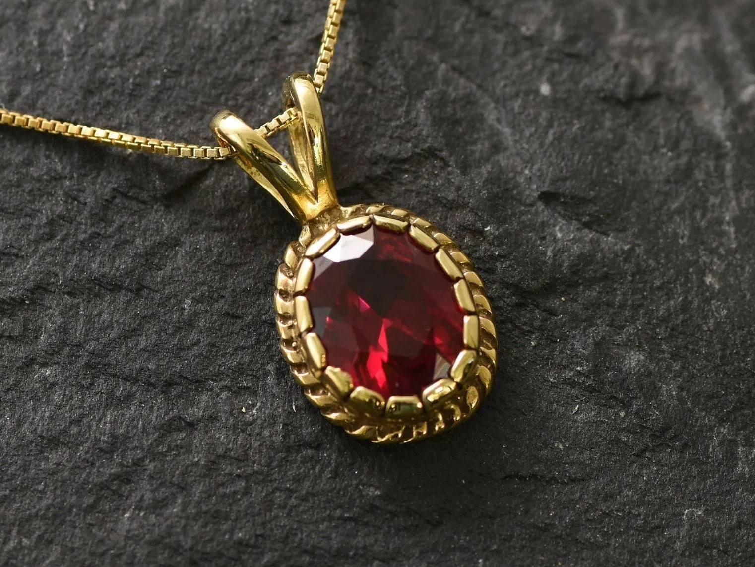 Gold Vintage Ruby Pendant - Created Ruby Necklace, Gold Victorian Pendant