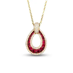 Graduated Ruby and Diamond Teardrop Pendant Necklace in 14k Yellow Gold