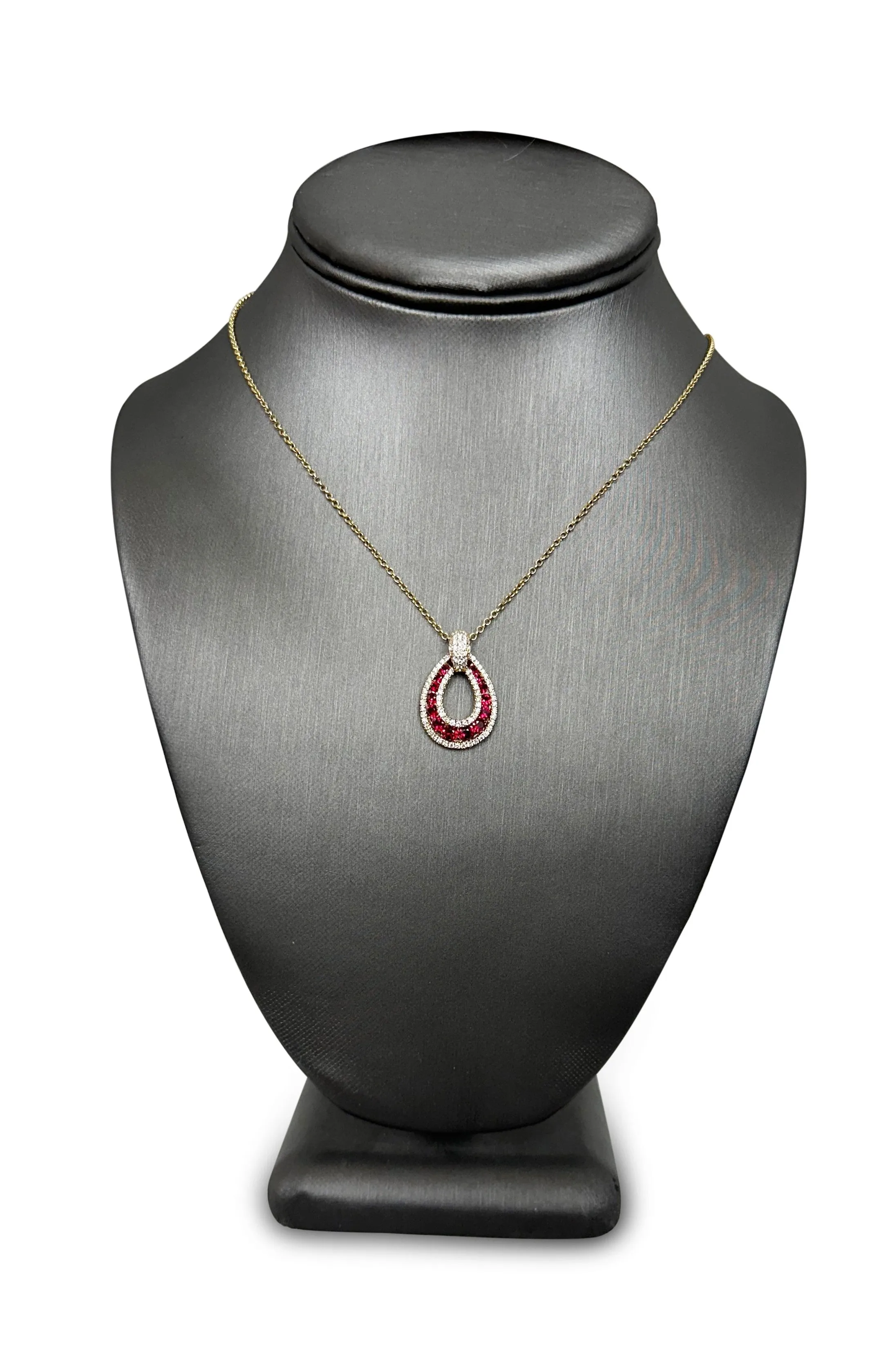 Graduated Ruby and Diamond Teardrop Pendant Necklace in 14k Yellow Gold