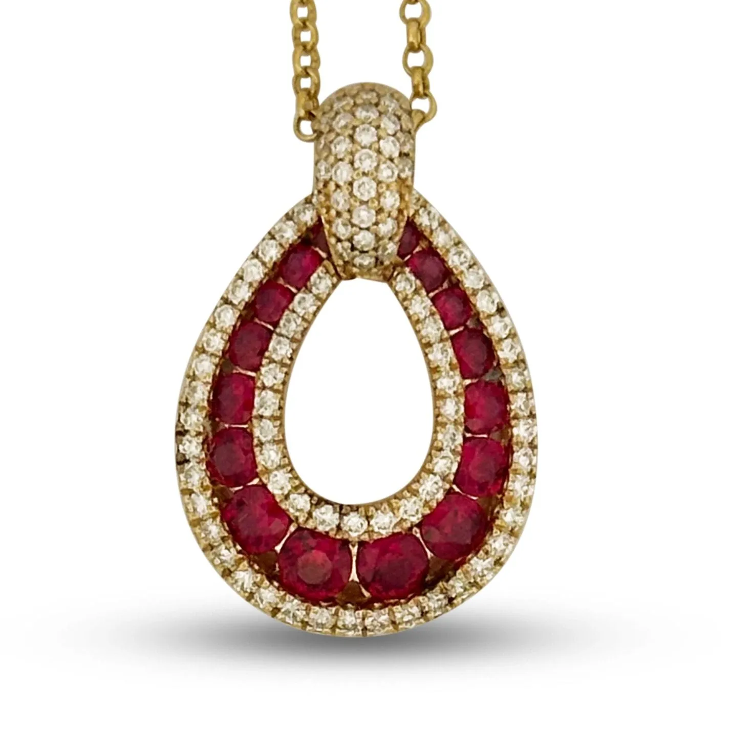 Graduated Ruby and Diamond Teardrop Pendant Necklace in 14k Yellow Gold