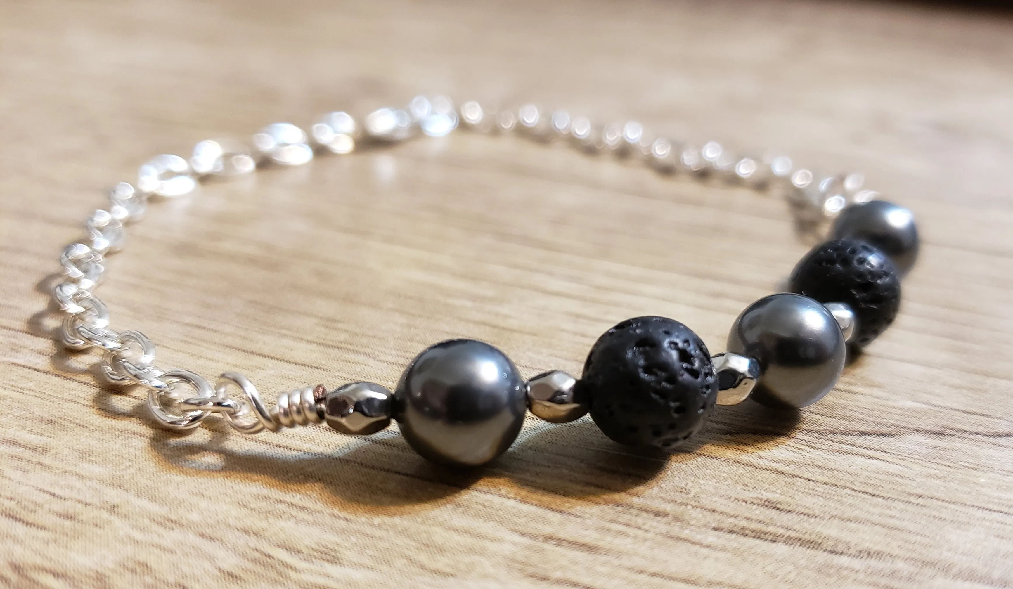 Hand Crafted Swarovski Pearls & Chain Bracelet with Lava Rocks. Non Tarnish & Fully Adjustable to 8.5" with Lobster Claw Clasp