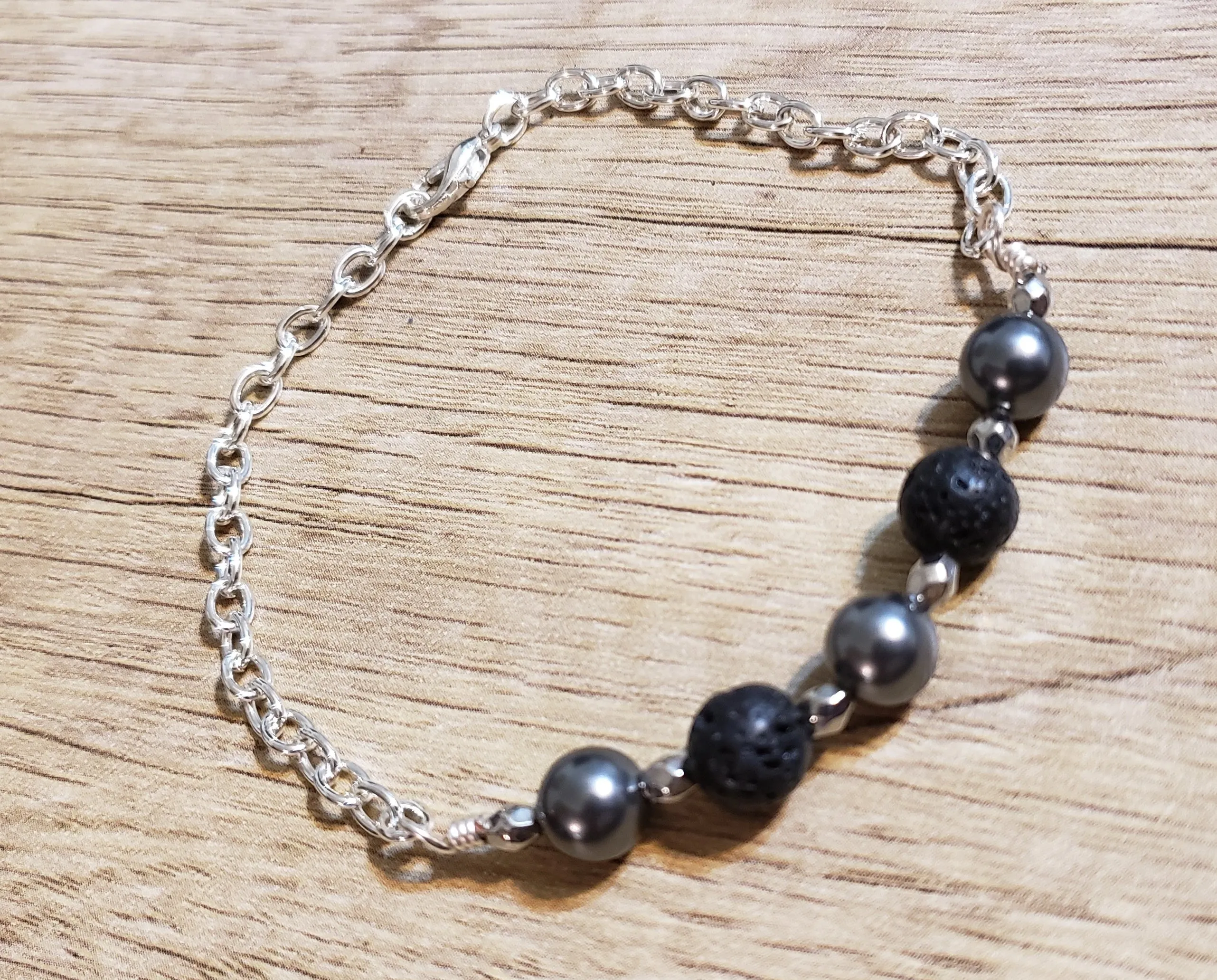 Hand Crafted Swarovski Pearls & Chain Bracelet with Lava Rocks. Non Tarnish & Fully Adjustable to 8.5" with Lobster Claw Clasp