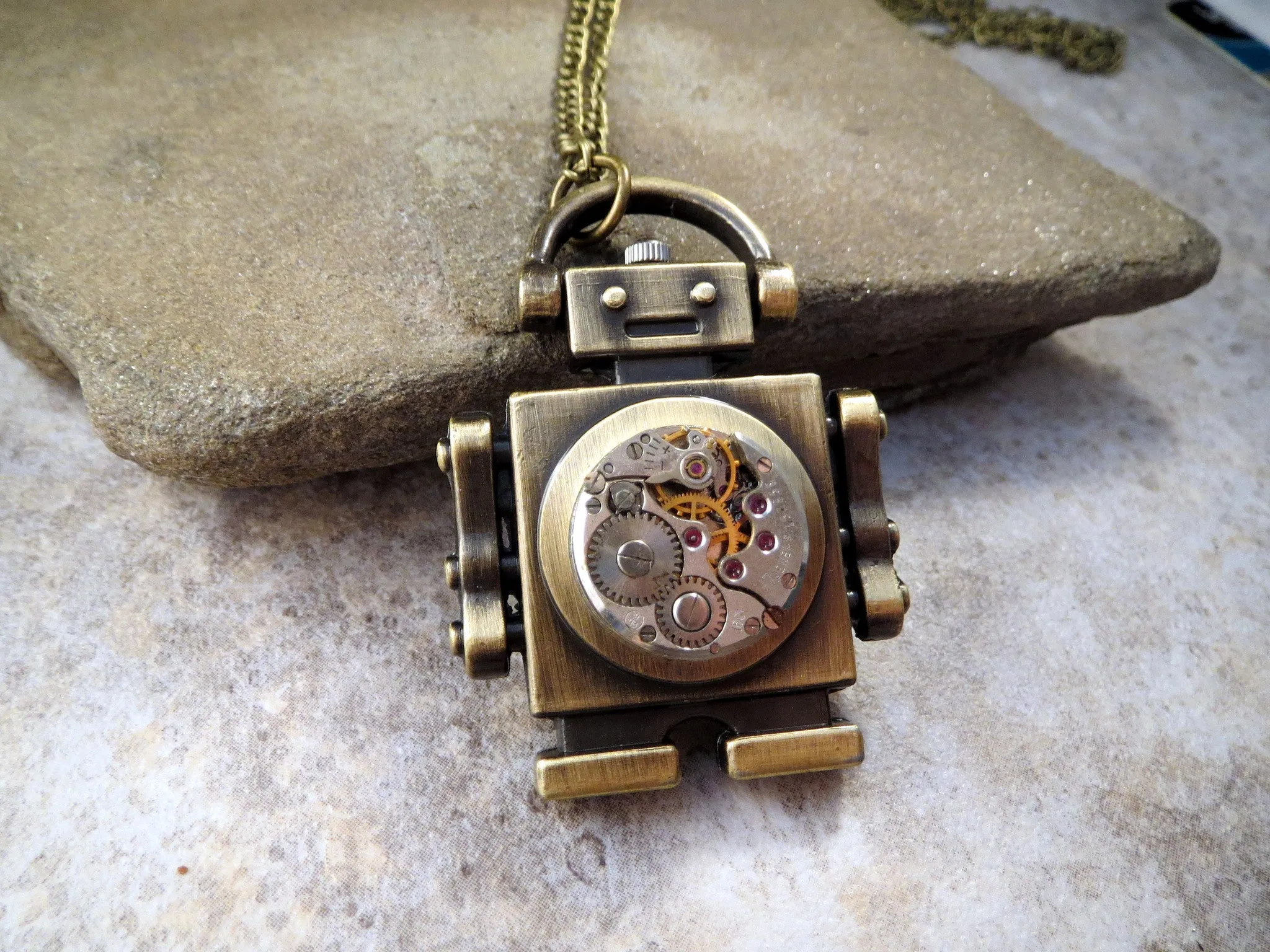 Handmade Antique Bronze Steampunk Robot Necklace