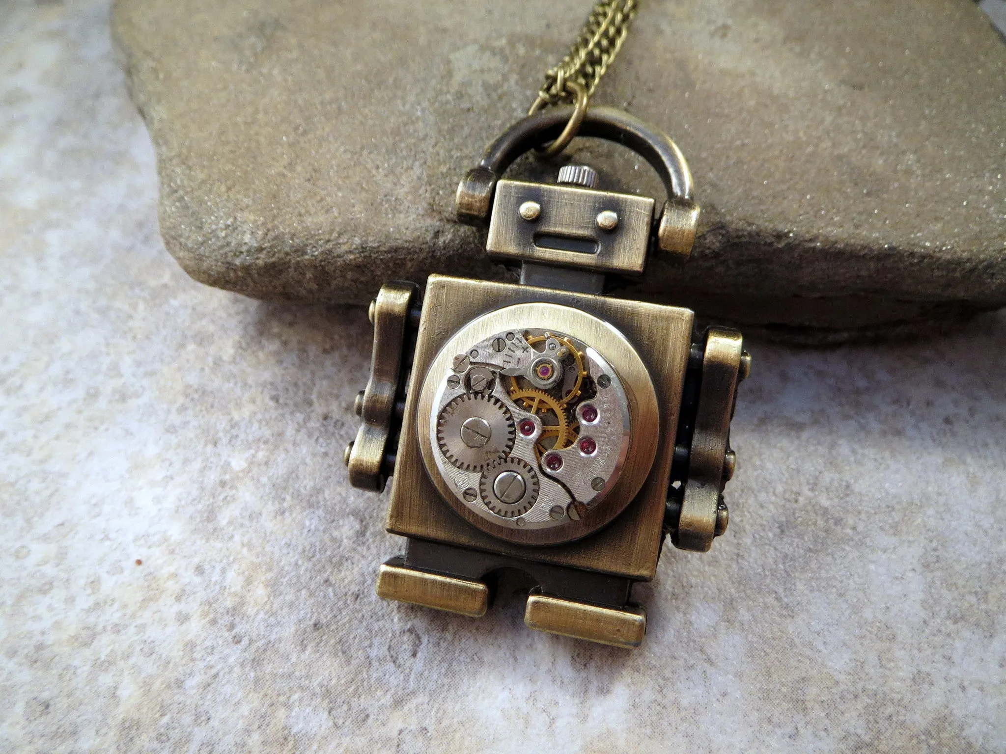 Handmade Antique Bronze Steampunk Robot Necklace