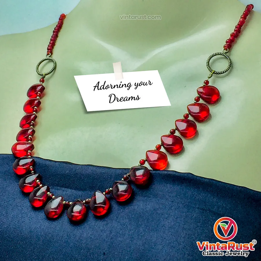 Handmade Beaded Chain Choker Necklace With Red Glass Stones