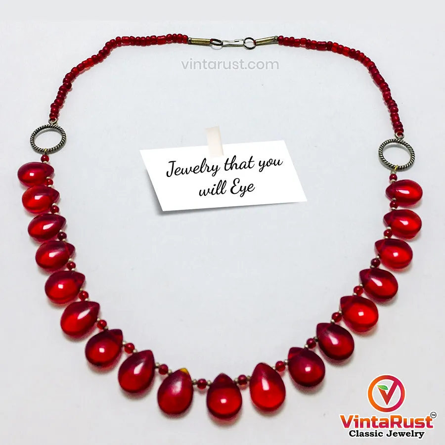 Handmade Beaded Chain Choker Necklace With Red Glass Stones