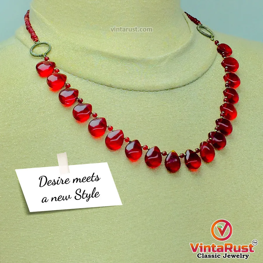 Handmade Beaded Chain Choker Necklace With Red Glass Stones