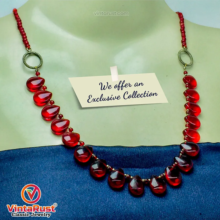 Handmade Beaded Chain Choker Necklace With Red Glass Stones