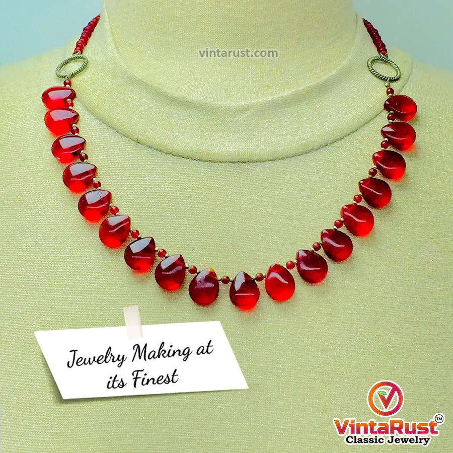 Handmade Beaded Chain Choker Necklace With Red Glass Stones