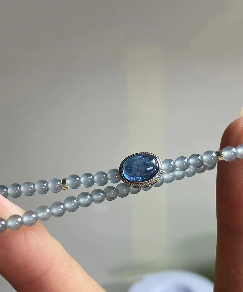 Handmade Blue Sterling Silver Zircon Gem Stone Chain Bracelet GH1060