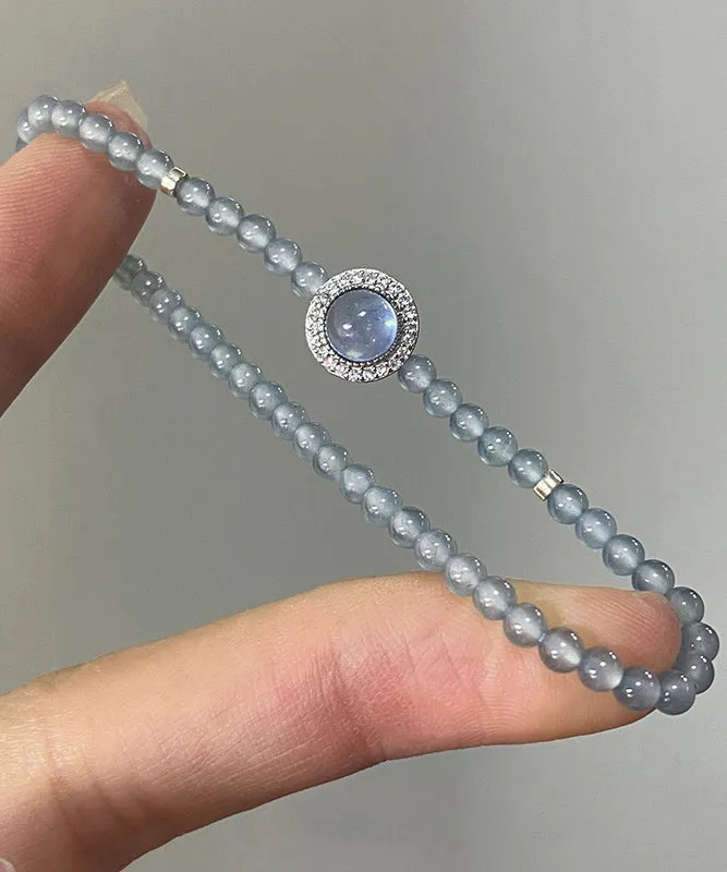 Handmade Blue Sterling Silver Zircon Gem Stone Chain Bracelet GH1060