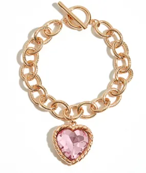 Heart Charm Gold Chain Link Bracelet - Pink