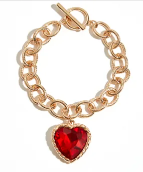 Heart Charm Gold Chain Link Bracelet - Red