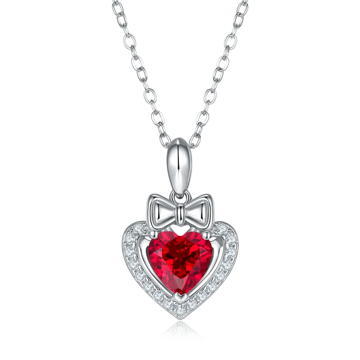 Heart-Shaped Lab Created Ruby Necklace with Halo Bow in S925 Silver Plated Platinum - 1.56 Carats