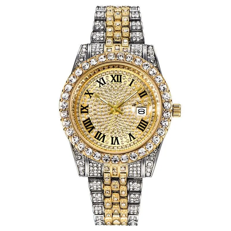 Hip Hop Full Iced Out Mens Watches Luxury Date Quartz Wrist Watches With Micropaved Cubic Zircon Watch For Women Men Jewelry