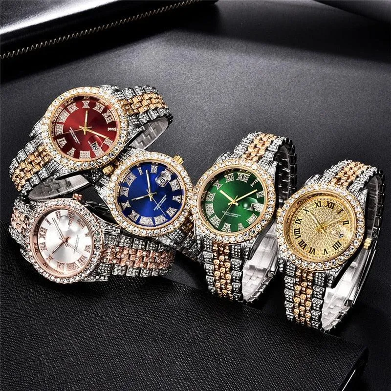 Hip Hop Full Iced Out Mens Watches Luxury Date Quartz Wrist Watches With Micropaved Cubic Zircon Watch For Women Men Jewelry