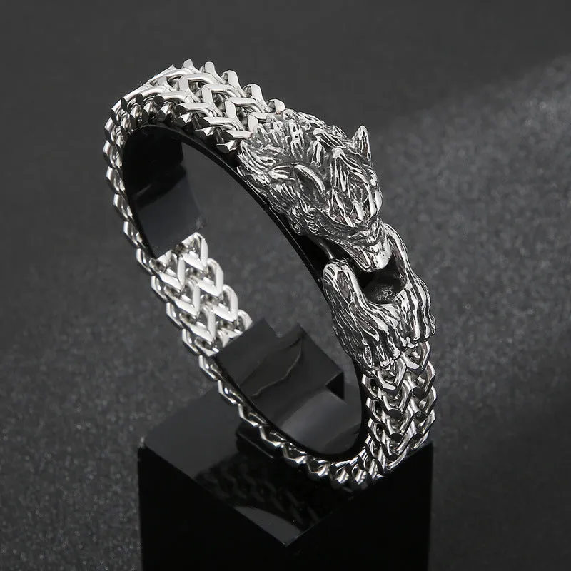 Hipster Wolf Head Dual-Layer Titanium Steel Men's Bracelet