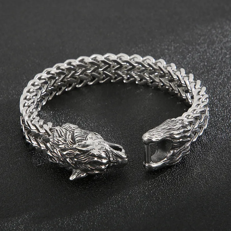 Hipster Wolf Head Dual-Layer Titanium Steel Men's Bracelet