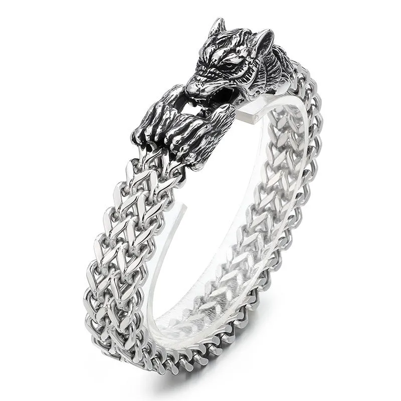 Hipster Wolf Head Dual-Layer Titanium Steel Men's Bracelet