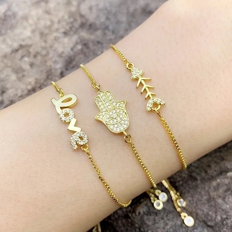 Hot-sale Fashion New Micro-set Zircon Crystal Pull Bracelet Female Letter Love Bracelet Personality  Copper Bracelet   Wholesale