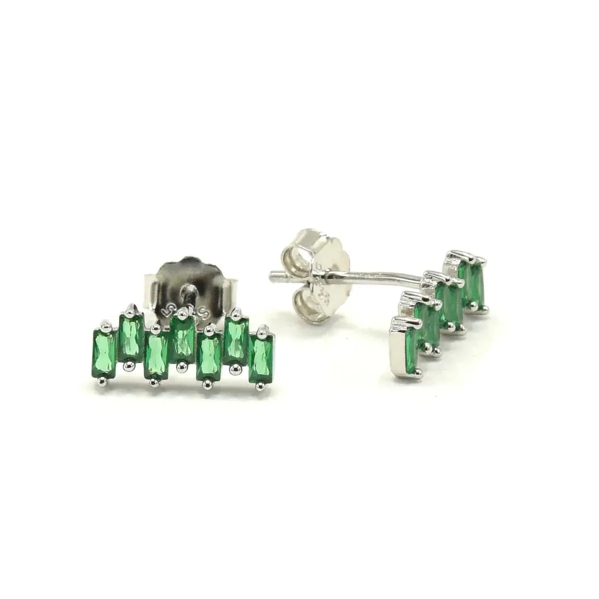 Irregular Baguette Stud Earrings, Irregular Rectangle Baguette Colorful Diamond CZ  .925 Sterling Silver Earrings