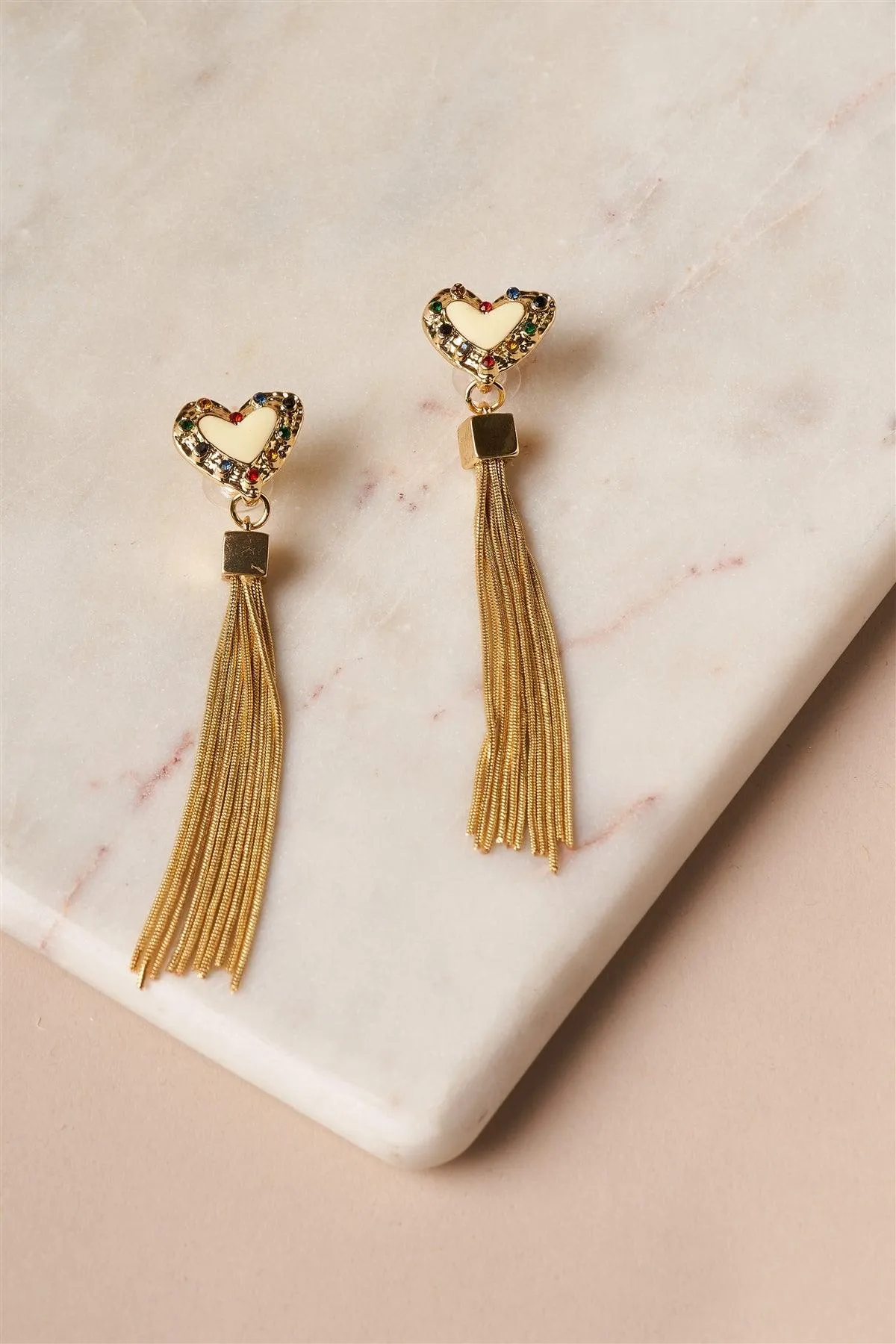 Ivory Gold Heart Chain Fringe Drop Earrings /6 Pairs