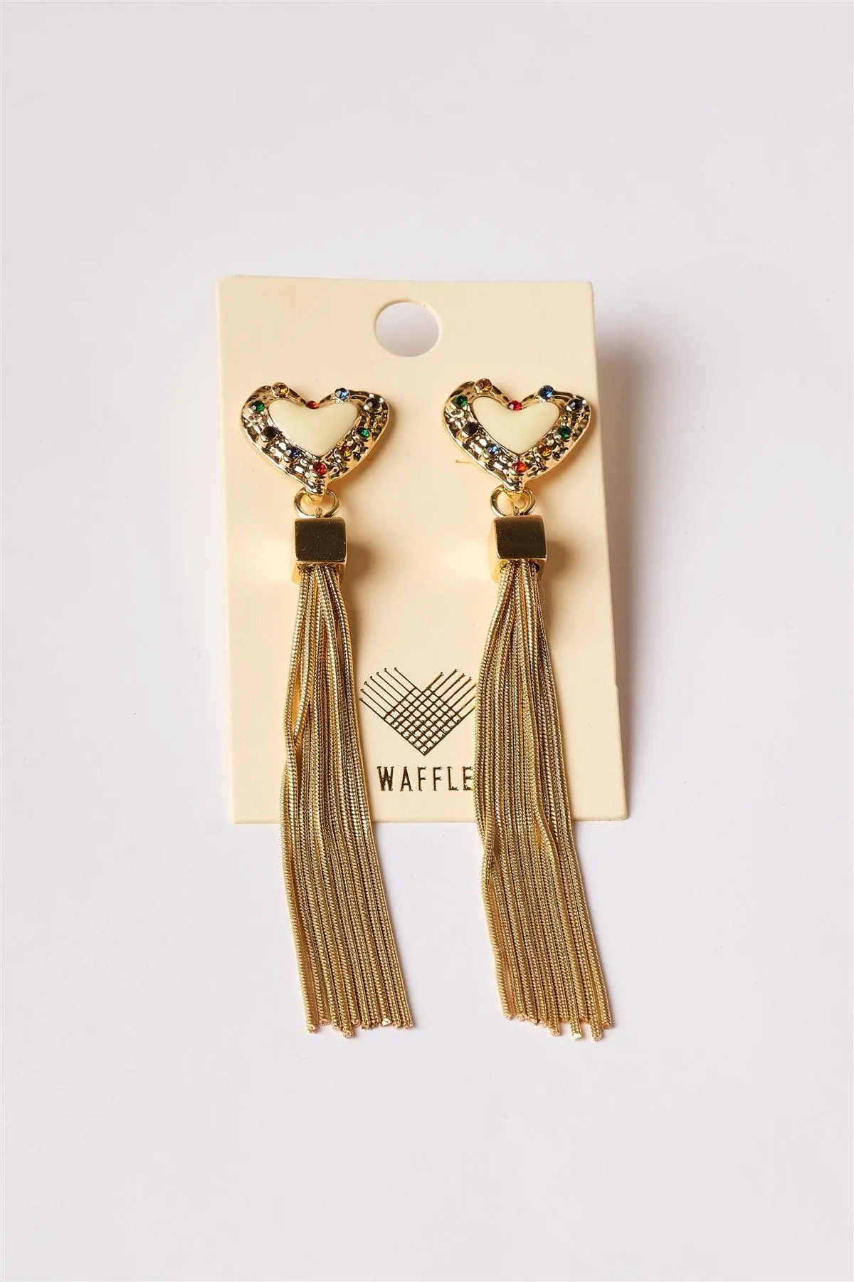 Ivory Gold Heart Chain Fringe Drop Earrings /6 Pairs