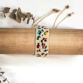 Ivory Seed Beaded Bracelet with Multicolored Leopard Pattern