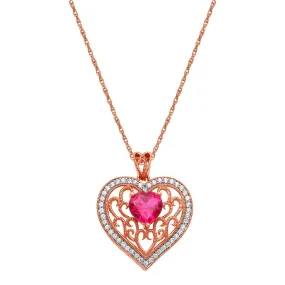 Jewelili 14K Rose Gold Over Sterling Silver Created Ruby with Created White Sapphire Filigree Heart Pendant Necklace