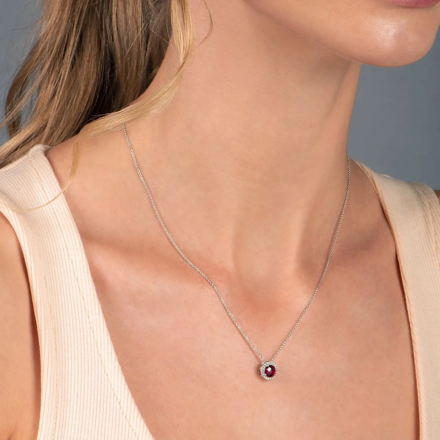 Jewelili Sterling Silver with Created Ruby and Created White Sapphire Halo Pendant Necklace