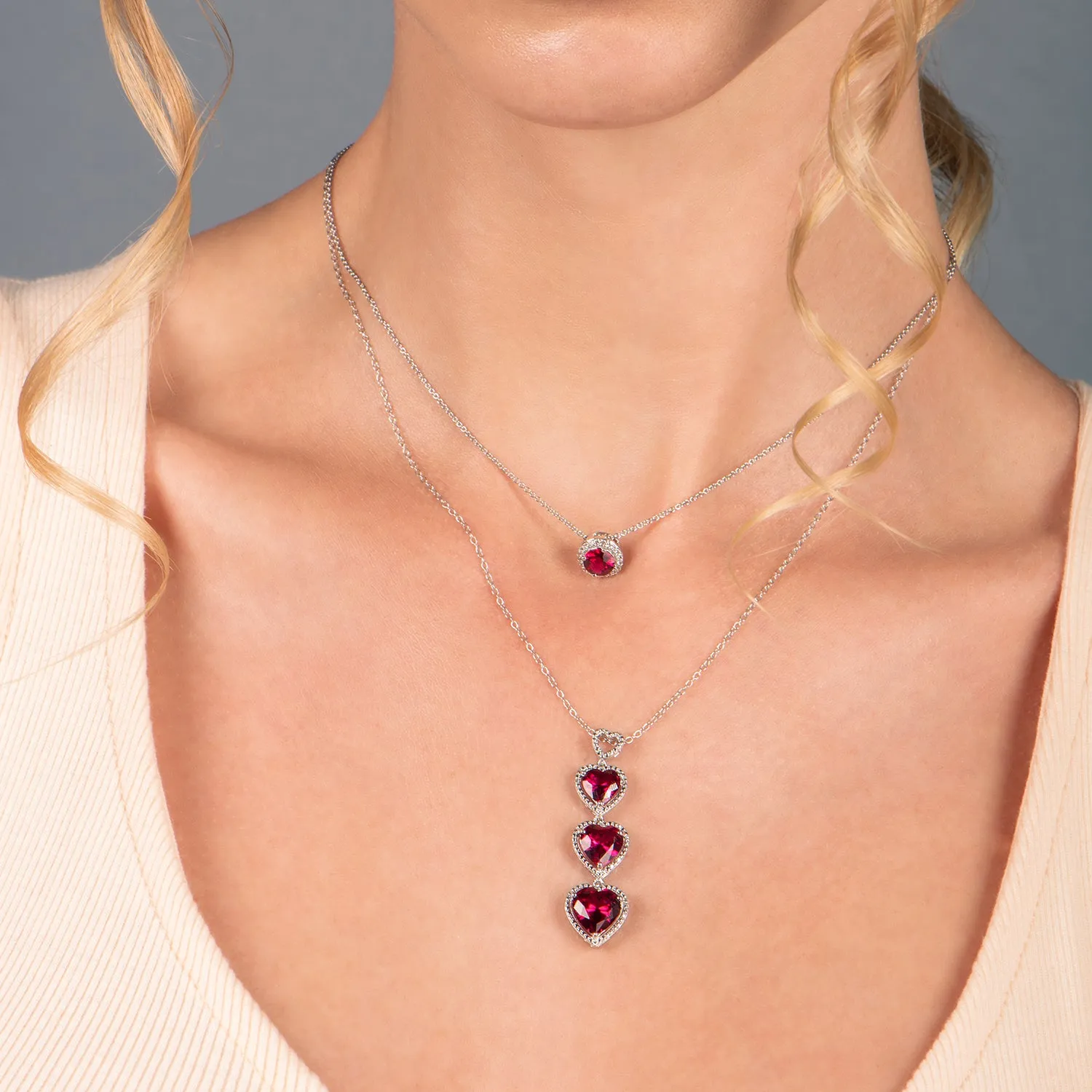 Jewelili Sterling Silver With Created Ruby and White Diamonds Pendant Necklace