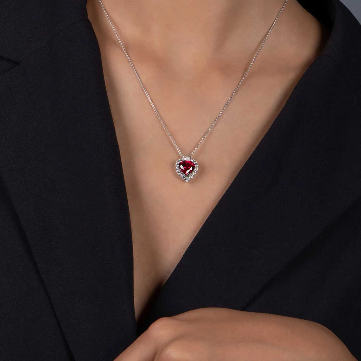 Jewelili Sterling Silver with Heart Shape Created Ruby and Round Created White Sapphire with Diamonds Heart Pendant Necklace