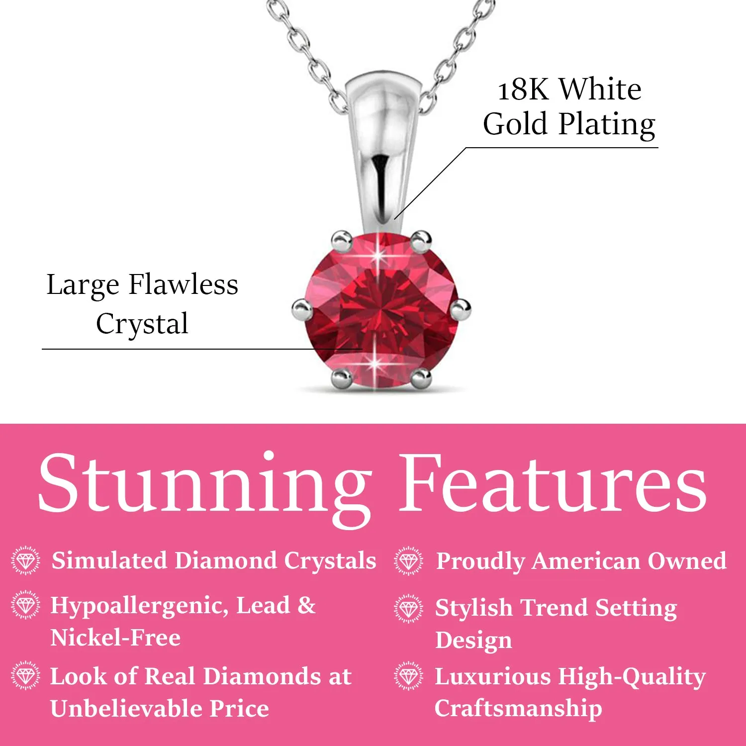 July Birthstone Ruby Necklace 18k White Gold Plated Solitaire Necklace with 1CT Swarovski Crystal