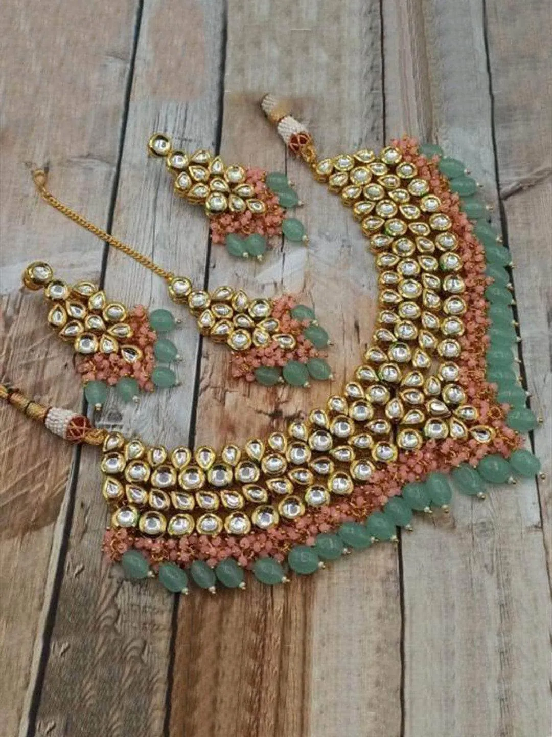 Kundan Beads Fine Necklace Earring And Teeka Set