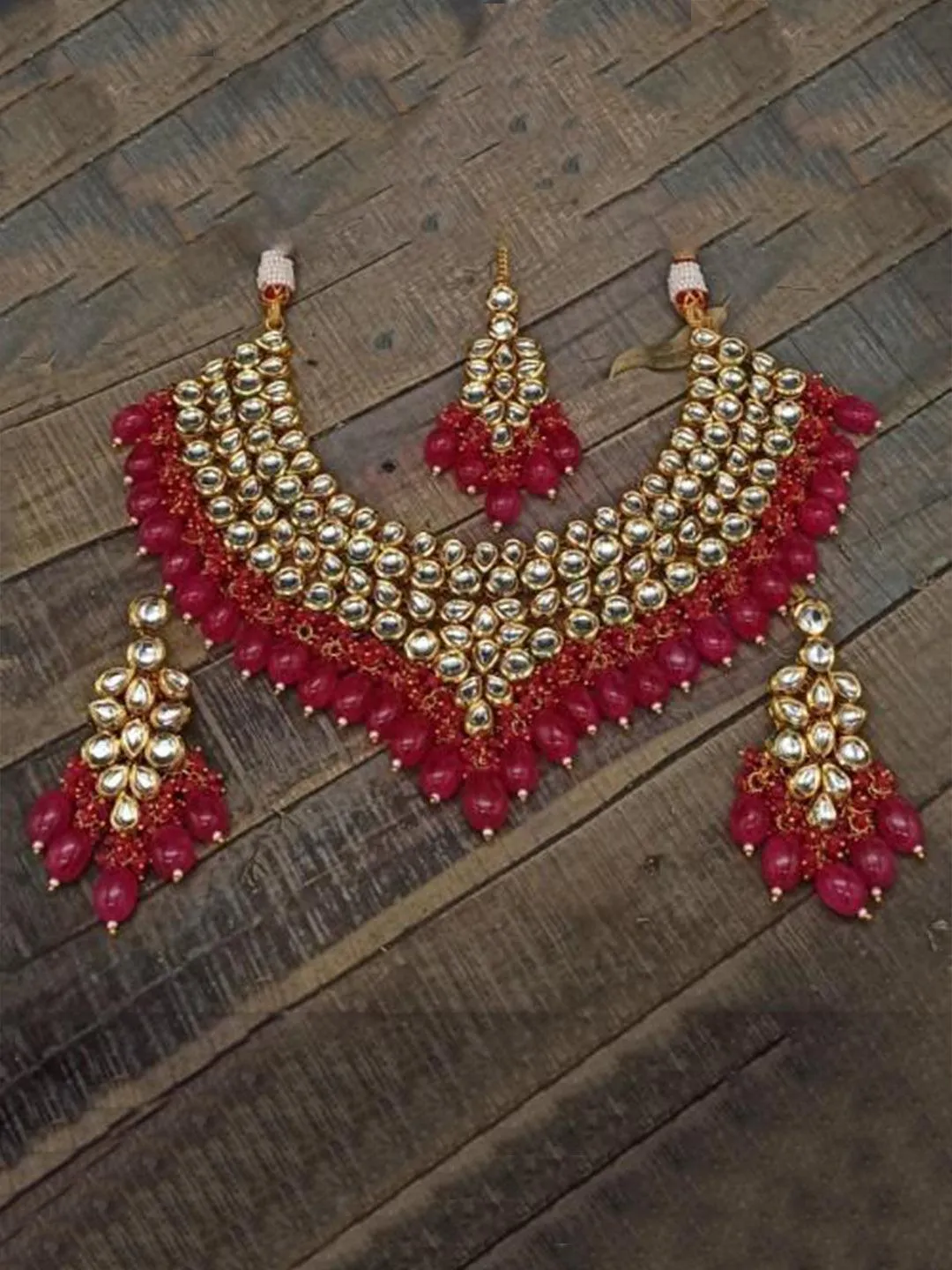 Kundan Beads Fine Necklace Earring And Teeka Set