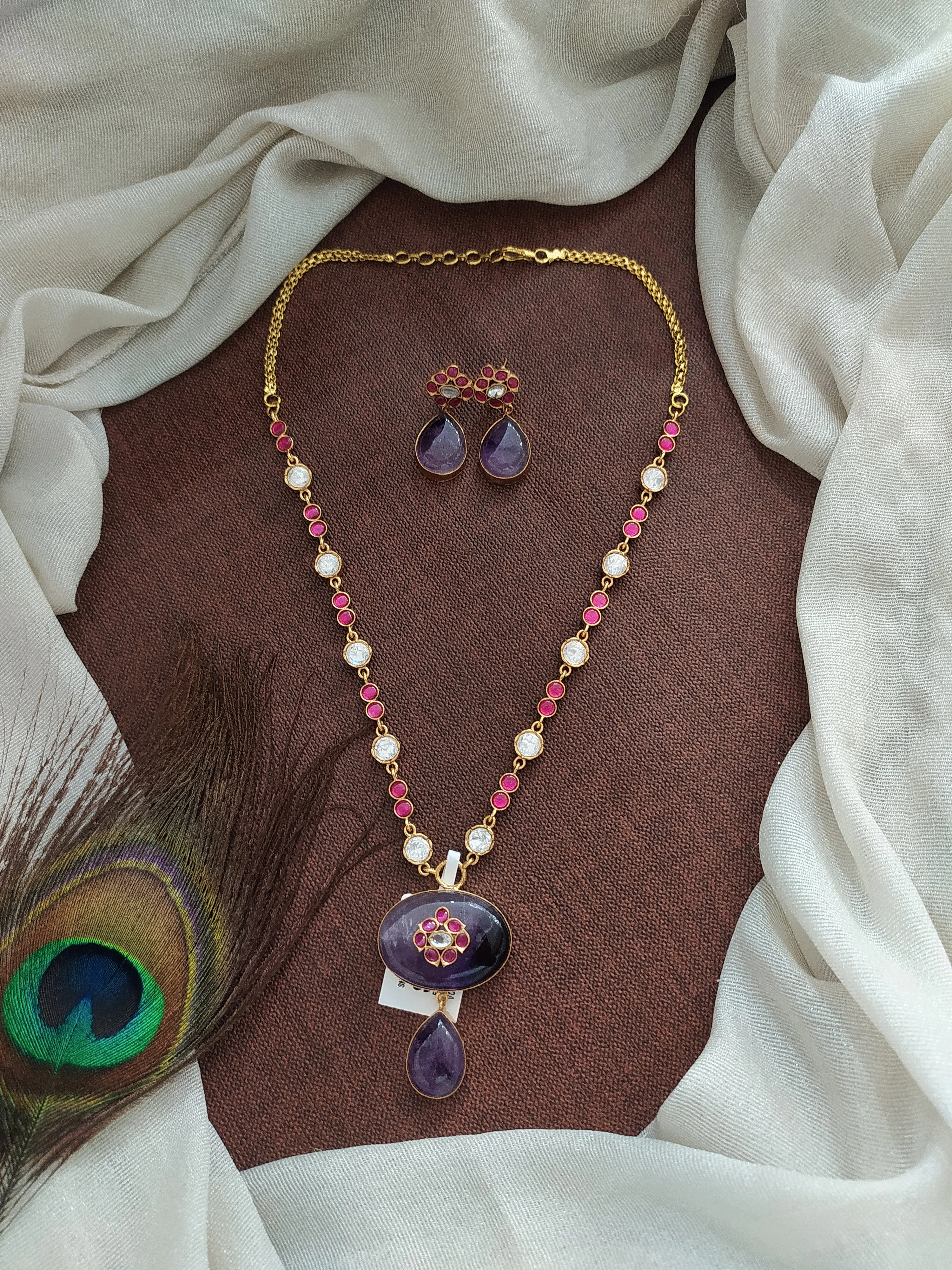 Kundan Necklace Set with Jadau Kundan, Quartz, and Moissanite Stones in White, Ruby, and Violet