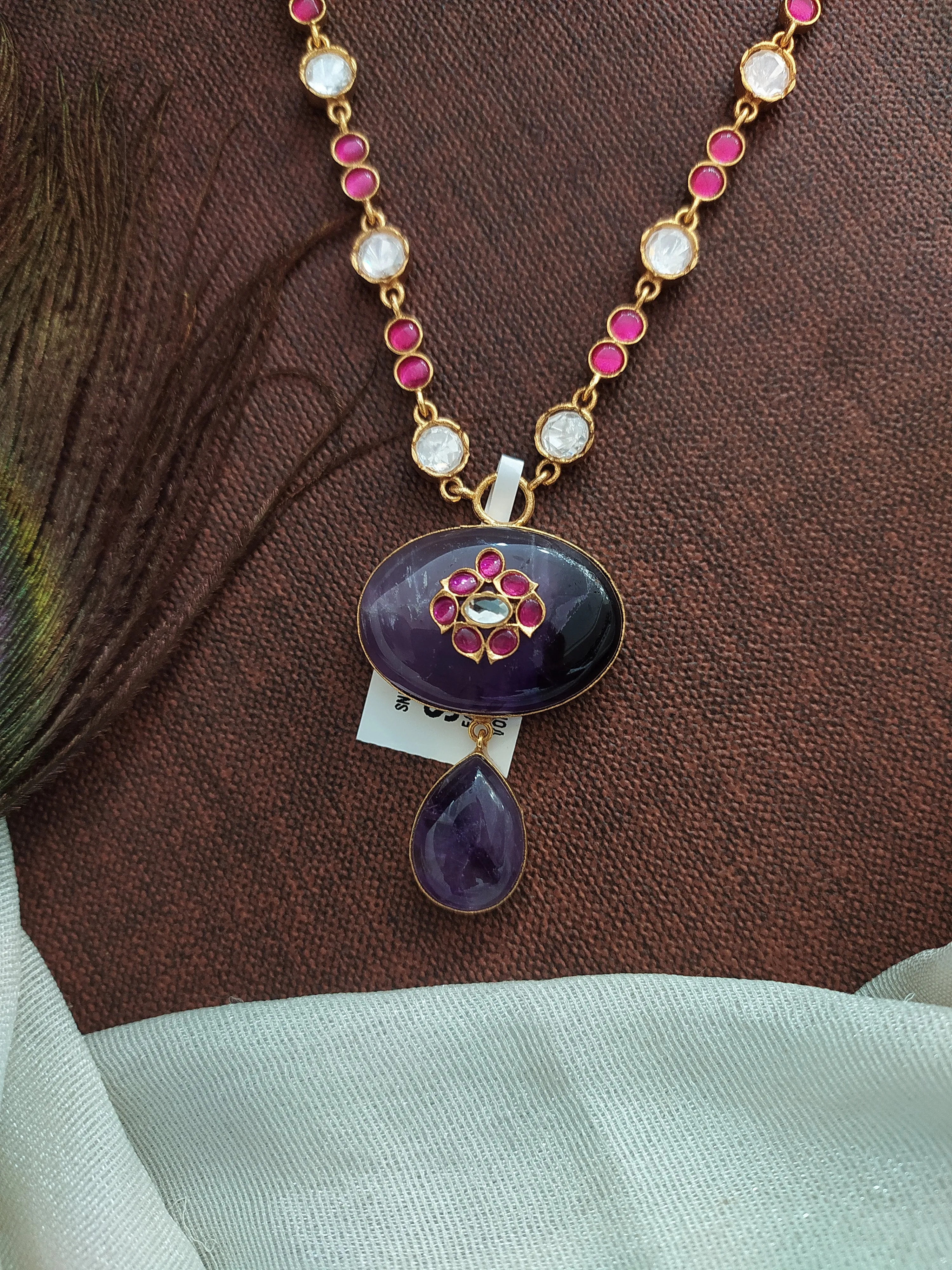 Kundan Necklace Set with Jadau Kundan, Quartz, and Moissanite Stones in White, Ruby, and Violet