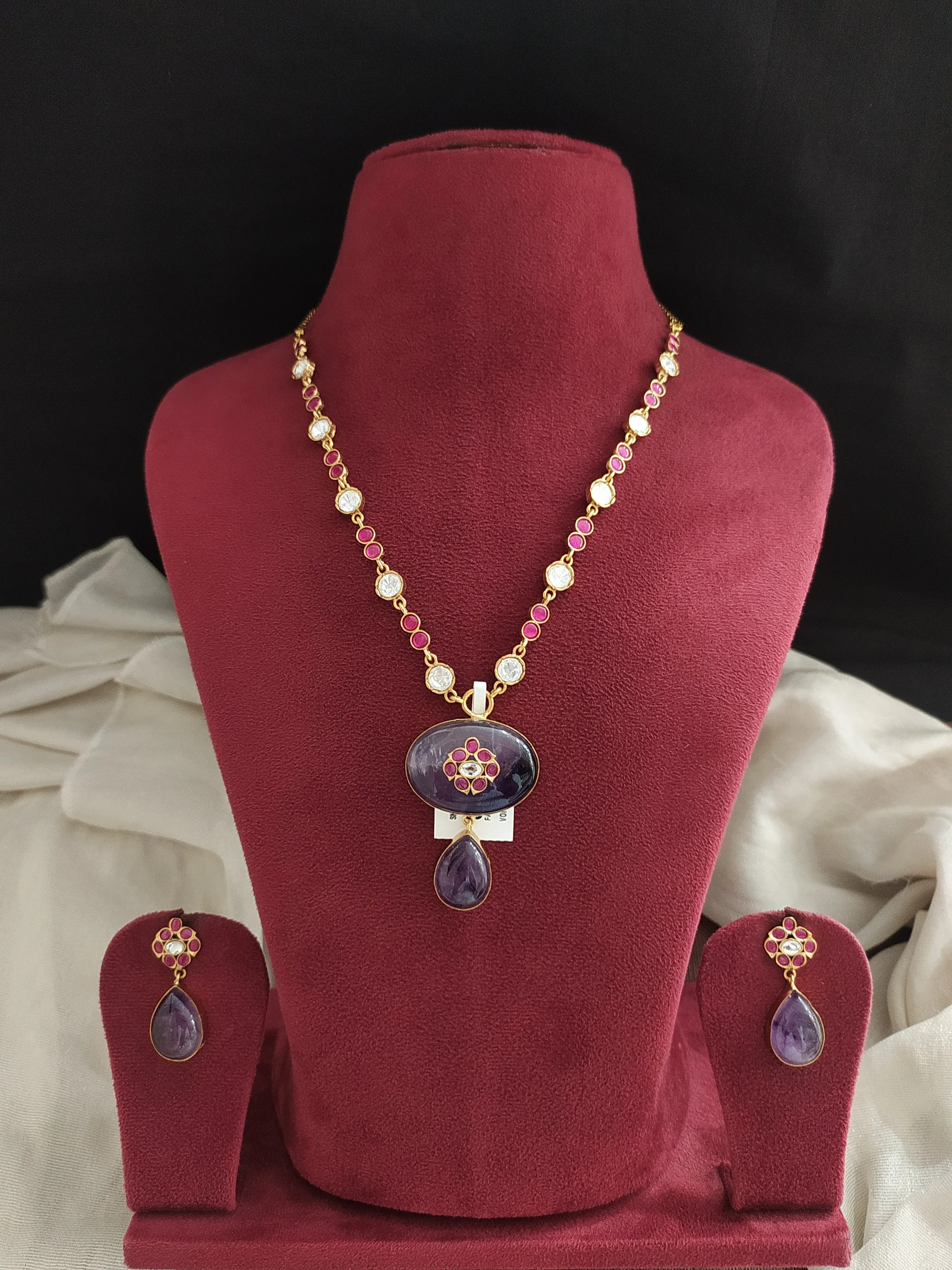 Kundan Necklace Set with Jadau Kundan, Quartz, and Moissanite Stones in White, Ruby, and Violet