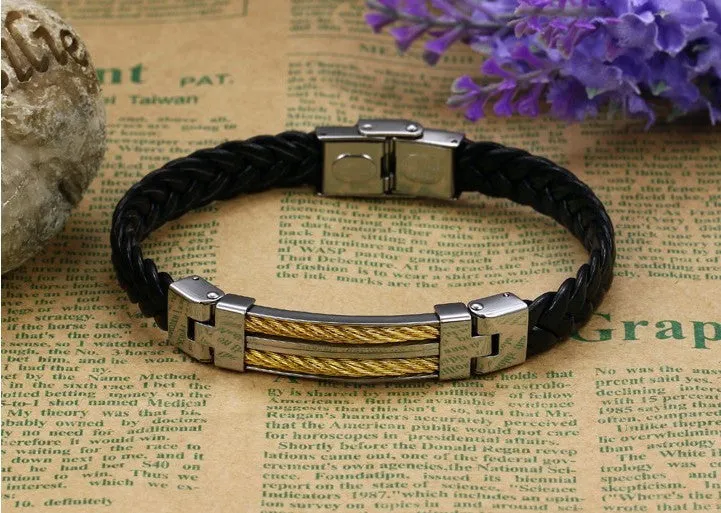 Leather Bracelets Bangles For Men's Gold Charm Style Stainless Steel Button