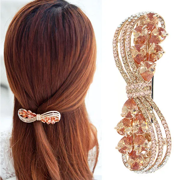 LUX Gold Finish Harvest Bow Hair Barrette w/ Zircon & Czech Rhinestones Champagne