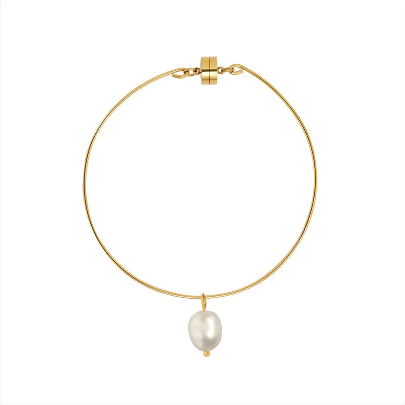 Magnetic Clasp Freshwater Pearl Charm Bangle Bracelet