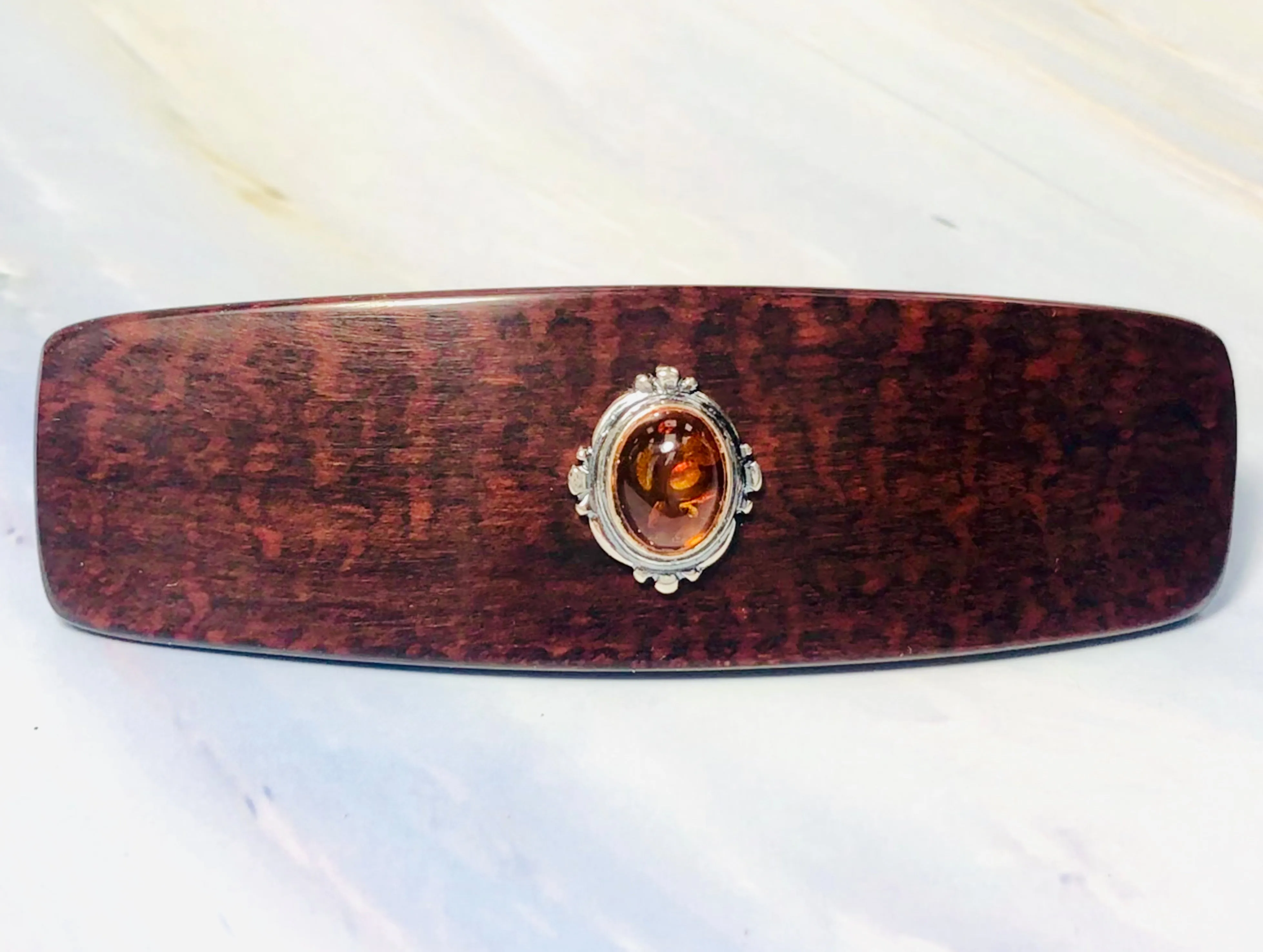 Medium Snakewood Baltic Amber Silver barrette, Luxury Gemstone Barrette Gemstone Hair Clip